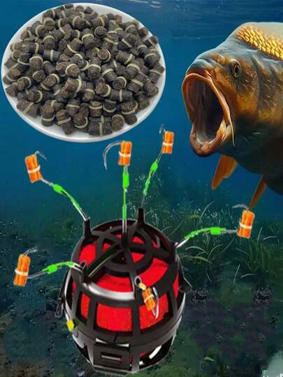 1pc Carbon Steel Anti-Slip Bait Cage, 100pcs Scented Fishing Pellets, Includes 6 Durable Carbon Steel Swivel Hooks, Adjustable Weight Bait Holder, Enhances Fishing Efficiency And Success Rate