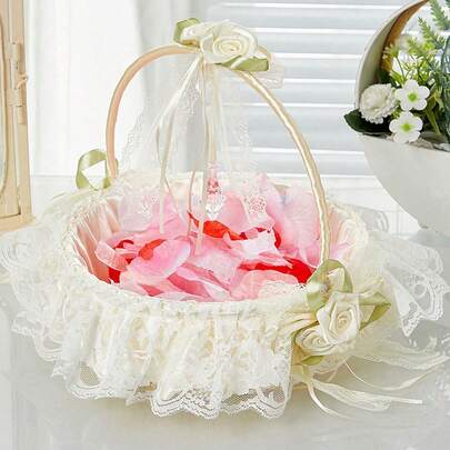 1 pieza Canasta de flores para niña de las flores en bodas, canasta de flores decorada con encaje, flores de satén y cristal artificial, canasta grande para niñas de las flores en bodas - asa oscilante, canasta de pétalos dulces y románticos, canasta de novia con lazo de encaje para bodas, canasta de flores adecuada para niños de las flores y damas de honor en bodas