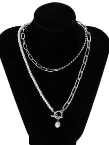 1条时尚长款串珠多层项链，复古个性化珍珠扣项链，适合女性日常、约会、度假、婚礼、节日、休闲及特殊场合佩戴，生日礼物、母亲节礼物、情人节礼物[链条顺序随机]，珍珠形状随机 - 銀色 - 查看 2