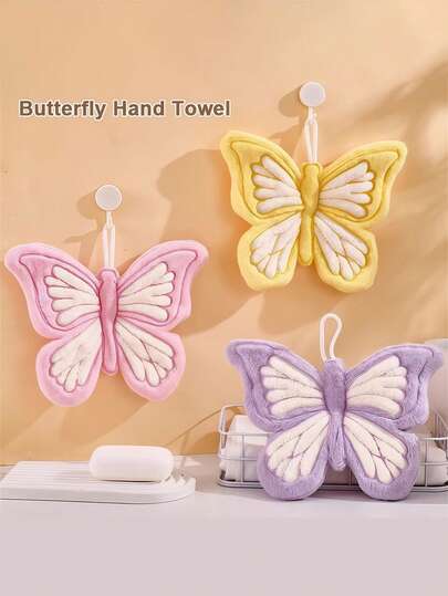 1pc Butterfly Shaped Hanging Thickened Coral Fleece Hand Towel, Quick Absorbent And Fast Drying, Soft And Skin-Friendly For Kitchen And Bathroom