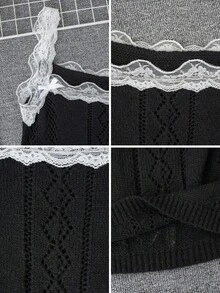 春夏新款性感蕾丝边针织开衫外套，纽扣开襟，女士镂空吊带两件套针织衫套装，适合情人节、外出、居家、通勤、约会等场合。 - 黑色 - 查看 11