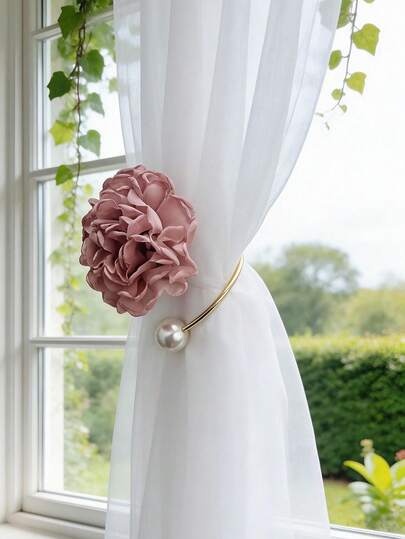 Vintage Farmhouse Curtain Tiebacks With 3D Flower & Pearl - Sturdy Alloy Curtain Holders, Decorative Window Accessories For Cottage & Rustic Style Homes