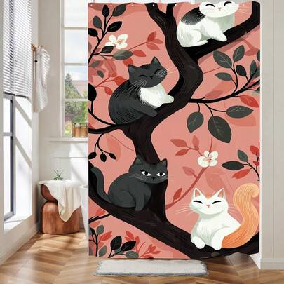 1件卡通抽象植物猫咪图案浴帘，趣味植物动物印花浴帘，适用于各种房间门窗、浴室装饰隔断、浴室配件、展示