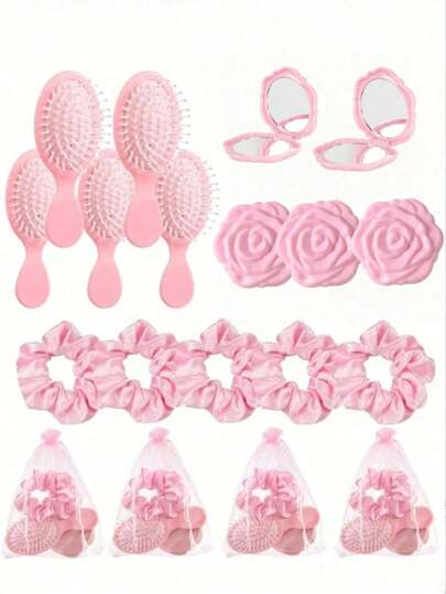 32pcs/16pcs/4pcs/Set Bridal Shower Gift Set, Pink Hairbrush, Elastic Pink Hair Bun, Pink Makeup Mirror, Pink Organza Bag, Wedding Hair Accessories, Bridesmaids, Proposal, Birthday, Party Decorations, Bridal Shower Gifts, Guest Gifts, Bridesmaid Souvenir Gifts