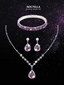 Noctella Elegant Ruched Solid Colour Evening Clutch, Stylish Women's Party Envelope Purse, Paired With A Luxurious Sparkling Rhinestone Jewellery Set Of Three Pieces, Including A Sparkling Rhinestone Necklace, Earrings, And Bracelet, Suitable For Dinners, Parties, And Balls - Purple - View 10