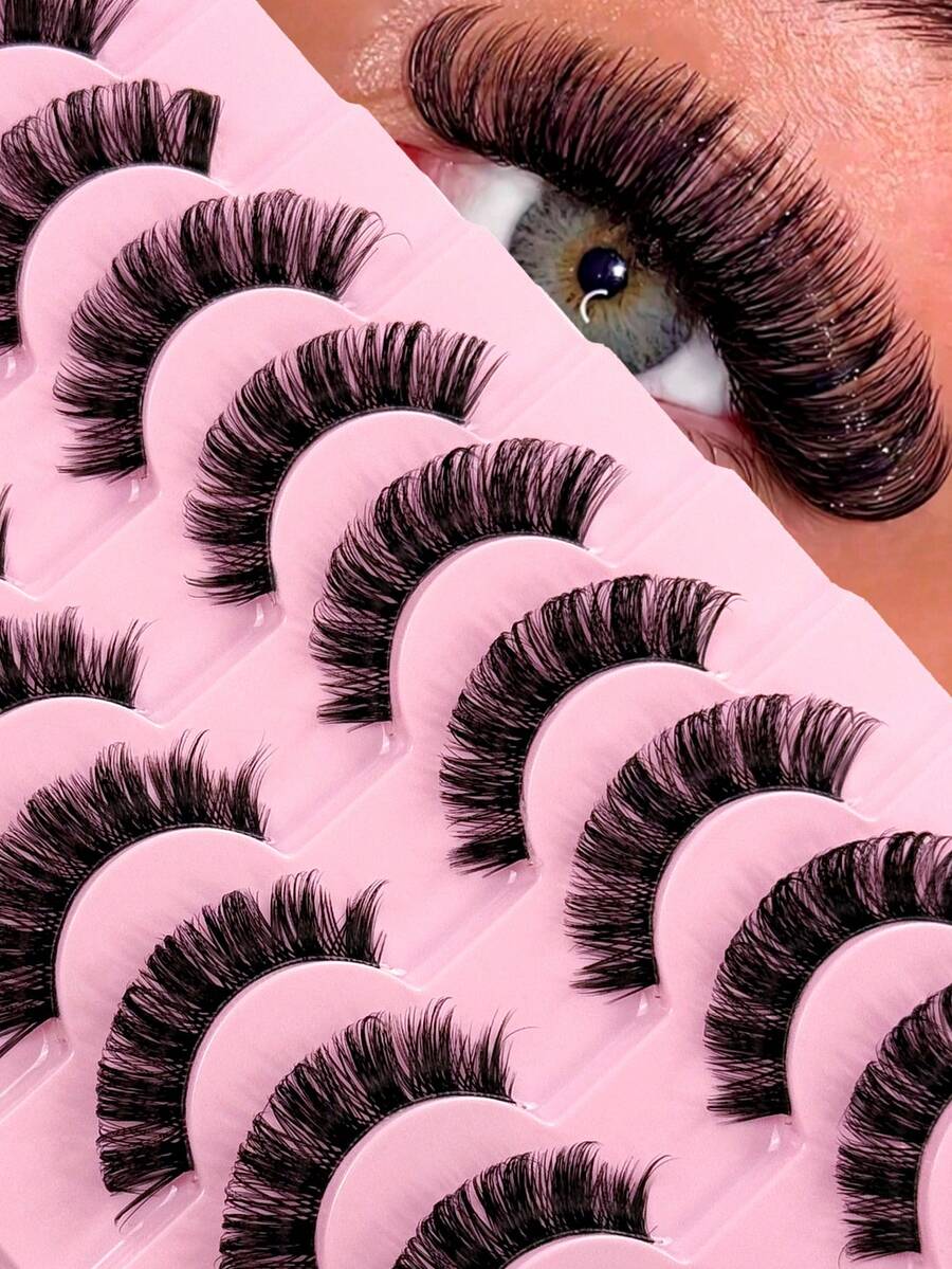 10 pares de pestañas postizas de estilo ruso D Curl con aspecto natural, esponjosas y de falso visón. Pestañas voluminosas y rizadas que dan un aspecto de ojos levantados y foxy. Maquillaje de ojos con pestañas postizas.