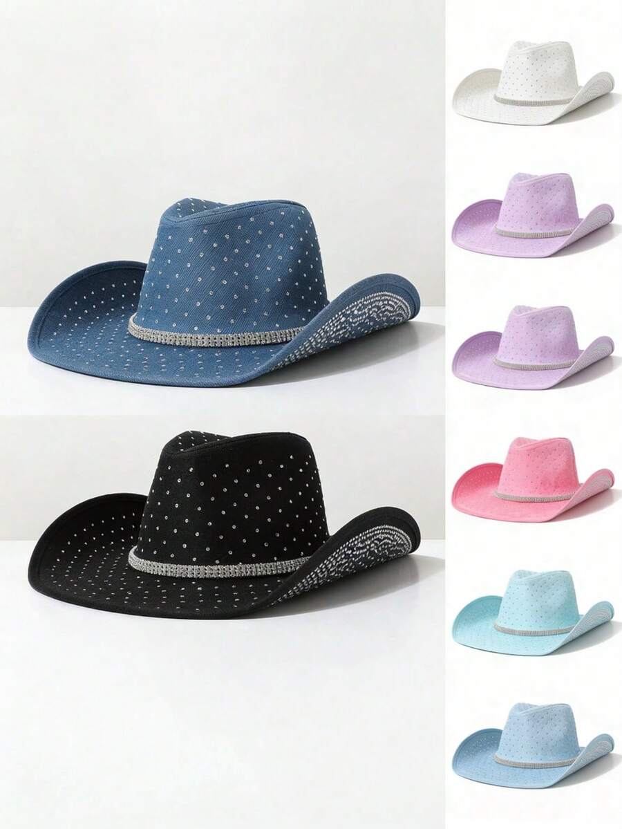 1 buc. Pălărie de jazz Western Cowboy pentru femei, din piele întoarsă, cu strasuri, încrustații metalice, stil boem, potrivită pentru festivaluri de muzică, evenimente tematice Western Cowboy, petreceri vintage, cosplay, petreceri la costume, zile de naștere, spectacole pe scenă, toate anotimpurile, cu bandă decorativă detașabilă - pălărie de sus - Vizualizare 1