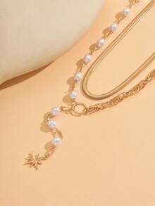 两件套独特设计金色粗蛇链项链，配双层珍珠和八角星吊坠，手工Y形复古项链，适合女性日常佩戴、装饰、派对、音乐节和拍照。 - 彩色 - 查看 3