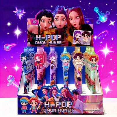 6支/套 2026 Kpop 女团卡通亚克力吊坠圆珠笔，黑色笔身，生日派对、学生派对、女友派对的最佳礼物