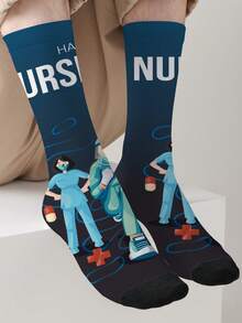1-Pack 360-Print Nurses' Day Themed Socks – All-Season Unisex Novelty Socks, Fashionable Streetwear Style Crew Socks - Multicolor - View 1