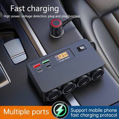 2026 New Smart Plug Splitter, 8-In-1 Car Fast Charger Adapter With 4 Sockets Power DC12V/24V, 2 Type-C And 2 USB Charging Ports, 29.5 Inch Cable, Individual Switch, LED Voltage Display
