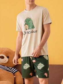 Men's Dinosaur Print Short Sleeve Shirt And Shorts Set For Home Wear - Màu hỗn hợp - Xem 4
