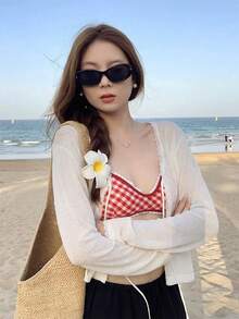 Vacation Style Sheer Lace Trim Cardigan, Casual Sweet Lace Trim Open Front White Semi-Sheer Tie Front Knit Cardigan/Lightweight Long Sleeve Outerwear - White - View 1