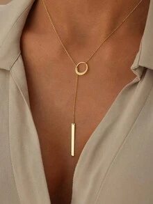 1pc 18K Gold Plated Stainless Steel Elegant Lariat Necklace, Delicate Gold Circle And Bar Lariat Necklace, Chic Y-Shaped Necklace, Modern Circle Design Necklace, Minimalist Style Women's Gift, Fashion Jewelry Gift For Her - Gold - View 9