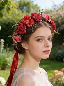 1件欧美风格人造花发箍，用途广泛，可用作新娘头饰、旅行摄影道具、节日造型、摄影拍摄和日常时尚点缀。 - 紅色 - 查看 1