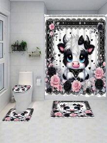 1件/4件套卡通可爱蝴蝶结小牛图案浴室浴帘套装 - A - 查看 9