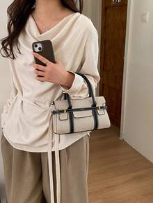 Women's Stylish Color-Blocked Canvas Tote Bag, Large Capacity Retro Patchwork Commuter Handbag - Black - View 7