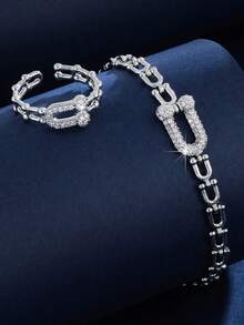 2pcs Set Unique High-End Personalized Cubic Zirconia Bracelet & Ring Set, Suitable For Women's Daily Wear & Gift - Bracelet Ring Set - View 2