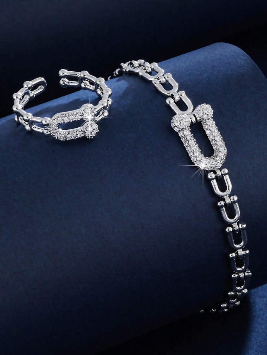 2pcs Set Unique High-End Personalized Cubic Zirconia Bracelet & Ring Set, Suitable For Women's Daily Wear & Gift