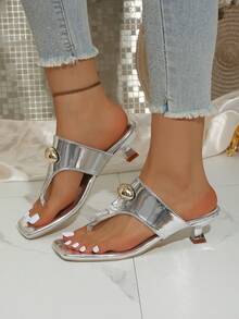 2026新款女士银色高跟鞋，金属扣时尚优雅女士人字拖凉鞋，适合旅行、外出、度假 - 銀色 - 查看 5