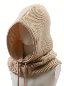 1pc Women's Fashion Knitted Hooded Neck Warmer, Drawstring Balaclava Hat, Versatile For Commuting - Beige - View 7