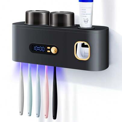 Smart Toothbrush Sterilizer (1 Unit) - USB Charging + Clock - 5-Slot Storage Brush Holder - Includes 2 Cups + Automatic Toothpaste Dispenser - Modern Bathroom Plastic Storage Rack For Dental Hygiene Essentials