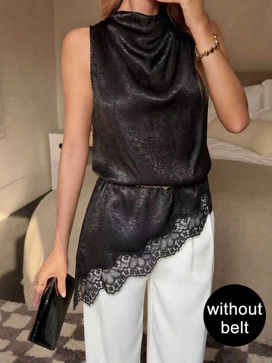 新款黑色无袖露背吊带女式衬衫，优雅荷叶边领口设计，蕾丝饰边不对称下摆修身办公衬衫，夏季款 - 黑色 - 查看 1