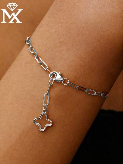 SYMFNY 1pc 925 Sterling Silver Simple Basic Chain With Hollow Four-Leaf Clover Pendant Bracelet