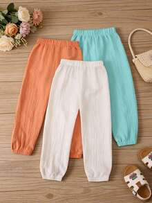 3pcs Girls' Solid Color Bubble Hem Pants, Soft & Comfortable Minimalist All-Match Versatile, Suitable For Spring, Summer, Autumn - Multicolor - View 2