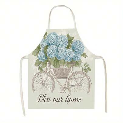 1件装{蓝色绣球花和自行车图案}厨房围裙，适用于厨房、客厅、餐厅、酒店、户外烧烤等多种场合，100%涤纶材质，可机洗，大号围裙