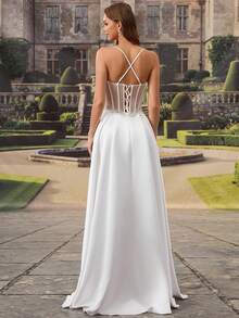 HEARBOBO 别致巴洛克风格返校礼服，高端缎面吊带美人鱼长裙，法式婚纱 - 白色 - 查看 3