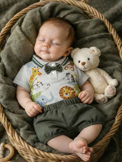 H HIBOBI 两件套绅士风男婴套装，灰色丛林动物印花Polo连体衣+深绿色带领结背带短裤，适合0-12个月宝宝生日派对穿着