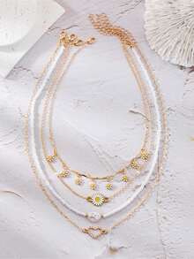 4件套新款时尚多层可叠戴奢华雏菊和仿珍珠项链套装，适合度假、派对、节日礼物 - 彩色 - 查看 4