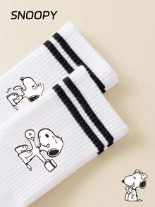 5/1 Pair SNOOPY Women's Mid-Calf Socks, Double Stripe Sports Socks, Cute Cartoon Pattern, Sweat-Absorbent, Casual, Versatile - Multicolor - View 3