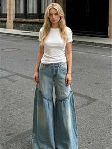 HERTALK Women's High Waist  Wide Leg Baggy Jeans Denim Long Pants - 藍色 - 查看 1
