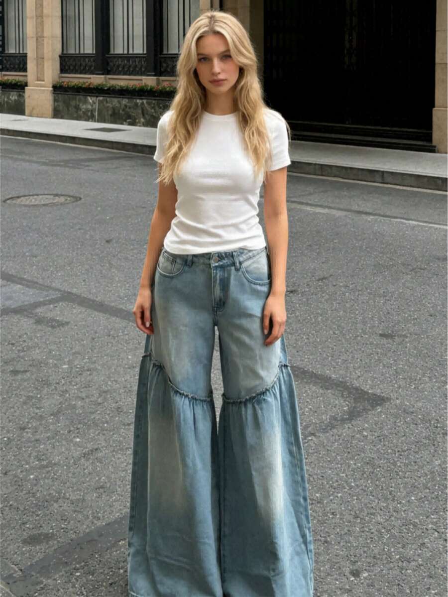 HERTALK Women's High Waist  Wide Leg Baggy Jeans Denim Long Pants - 藍色 - 查看 1