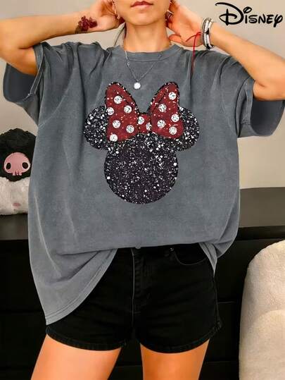  Women's & Suitable For Disney Official Vintage T-Shirt Soft Washed Teewith Iconic Minnie Ears, Casual Retro Outfit For Parties, Birthdays, DailyWear (Official Merchandise