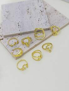 8pcs Vintage Geometric Round Open Ring Set, Asymmetrical Liquid Ring Suit, Suitable For Women's Holiday Party And Daily Wear Charm Jewelry Set - Yellow Gold - View 3