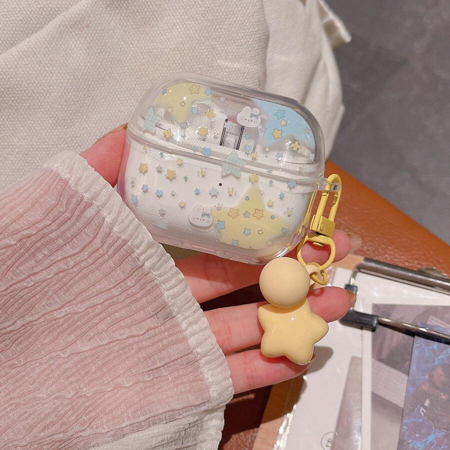 Galaxy Buds FE/Buds 3/Buds 3 Pro/Buds 3 FE/Buds Pro/Buds Live/Buds 2/Buds 2 Pro Wireless Earbuds Protective Case With Starry Rabbit Pendant - Full Screen Of Stars and Rabbits - View 1