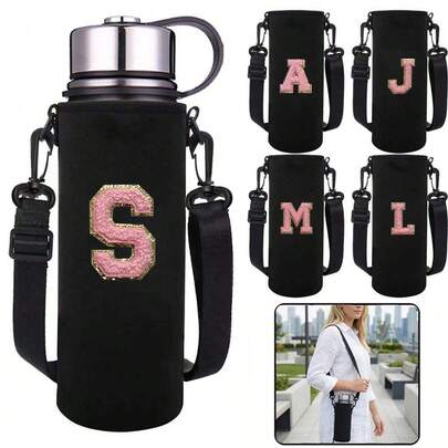 1pc 550-1500ML Sports Water Bottle Case Insulated Bag Crossbody Cup Protector Sleeve With Strap Adjustable Carrier For Mug Bottle Holder Water Bottle Holder Pouch With Embroidered Letters A-Z