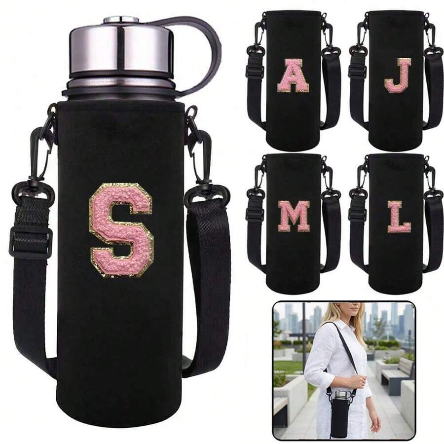 1 túi đựng bình nước thể thao giữ nhiệt 550-1500ml, kiểu đeo chéo, có dây đeo điều chỉnh được, kèm vỏ đựng bình nước thêu chữ A-Z. - màu đen - Xem 1