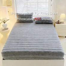 1Pcs Ultra-Soft Faux Rabbit Fur Fitted Sheet, Plush Fluffy Warm Deep Pocket Bed Cover, Machine Washable Solid Grey Mattress Protector, Twin/Full/Queen/King Size - Pillowcases NOT Included - 灰色 - 查看 2
