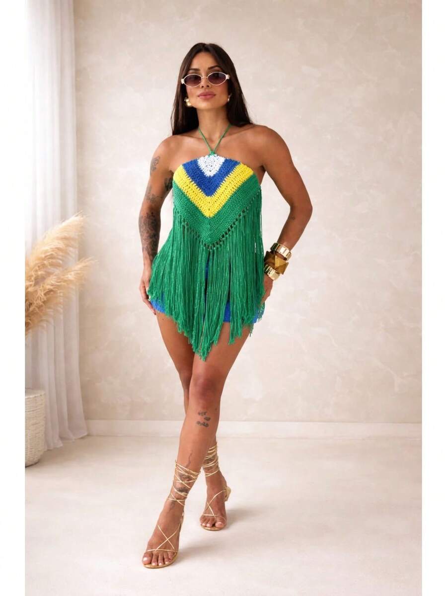 Top Brazil Crochet With Fringe - Women's Sweater For The World Cup - 彩色 - 查看 1