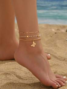 3pcs Delicate Faux Pearl Butterfly Beaded Chain Anklet Set, Versatile Daily Wear For Teenagers, Handmade Chain Can Be Cut To Desired Length, Faux Pearl Quantity Not Fixed - Gold - View 5