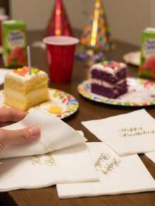 20pcs/Pack. Birthday Napkins. "Happy Birthday" Gold Foil Printed Napkins. 3-Ply Thick Absorbent Paper. Tablecloths. Coasters. Birthday Party Decorations. Disposable Tableware Suitable For Home, Restaurant And Kitchen. Holiday Party Decorations. - Multicolor - View 2