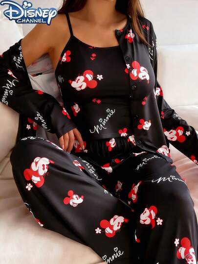 Disney Bộ đồ ngủ nữ 3 món hình chuột Mickey hoạt hình dễ thương, gồm áo hai dây, áo khoác và quần, kiểu dáng rộng rãi thoải mái, thích hợp cho mùa xuân, hè và thu.