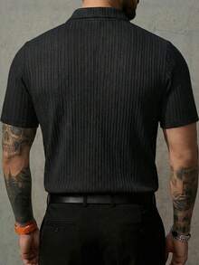 男士复古硬币图案纹理纯色短袖 Polo 衫 - 黑色 - 查看 3
