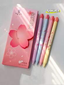 4pcs Cute Cherry Blossom Retractable Gel Pen, 0.5mm Black Ink Quick Dry CS Ballpoint Pen Smooth Writing For Students Office School Supplies - Multicolor - View 2