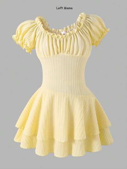 Left Mama Girls Sweet Lady Yellow Short Sleeve Dress, Suitable For Beach & Holiday In Summer