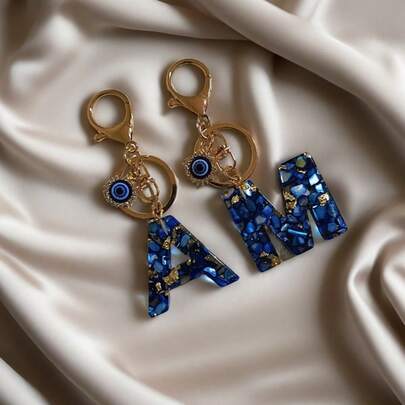 1pc Bohemian Evil Eye Resin A-Z Letter Keychain, Rectangular Letter Decor Accessory, Lobster Clasp, Carabiner, Unisex Fashion Minimalist Accessory, Wallet, Backpack, Car Hanging Keychain, Suitable For Daily Travel, Holiday Gifts (For Friends Or Yourself), Family, Birthday, Ramadan, School, Car Accessories, Cute Gothic Y2K Style